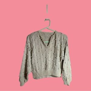 Pearl Embellished Crop Top Pullover Sweater V Neck Long Sleeve Size M